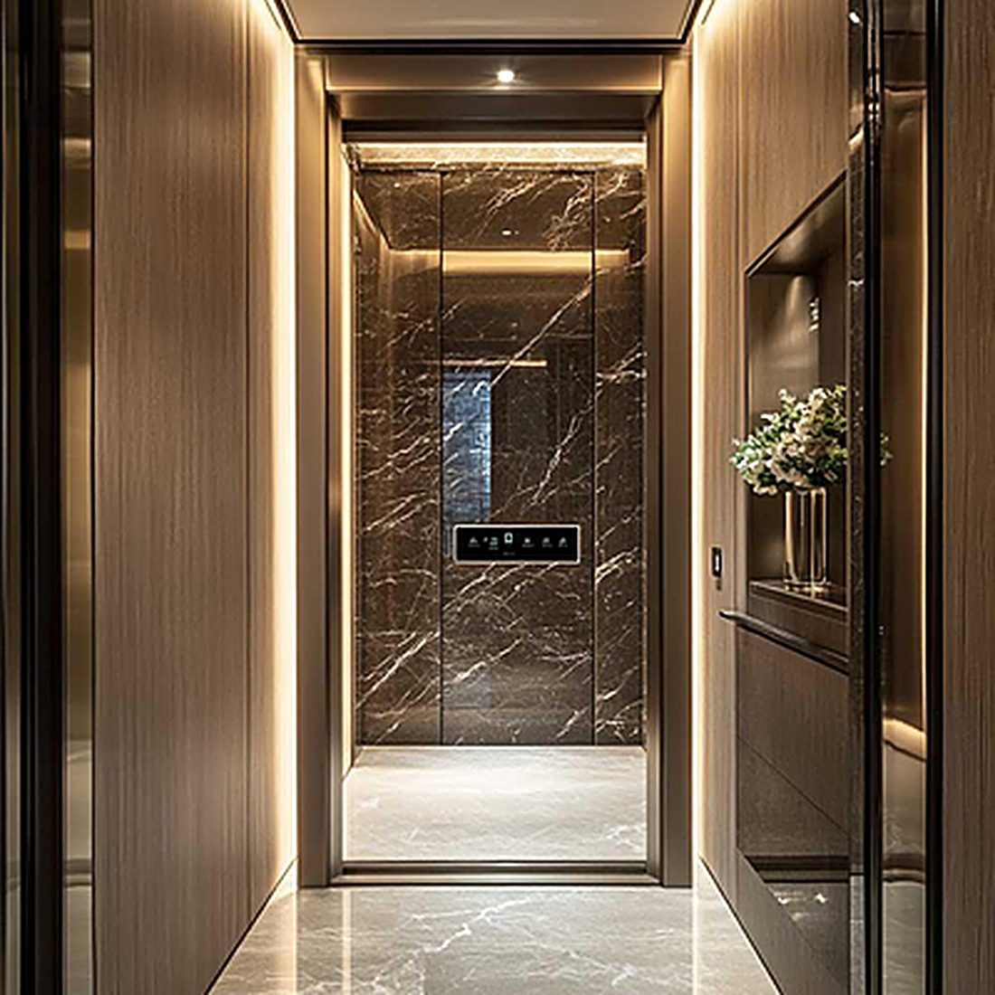Cabin thang máy cao cấp ốp đá và gỗ